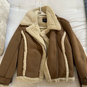 Express Tan and Cream Teddy Jacket with Plush Lining and Wide Collar
